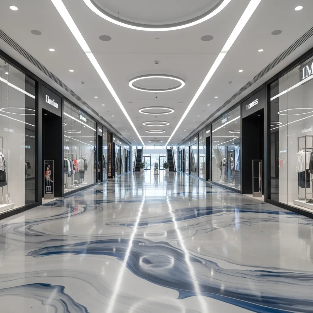 Shopping mall corridor with glossy decorative epoxy flooring