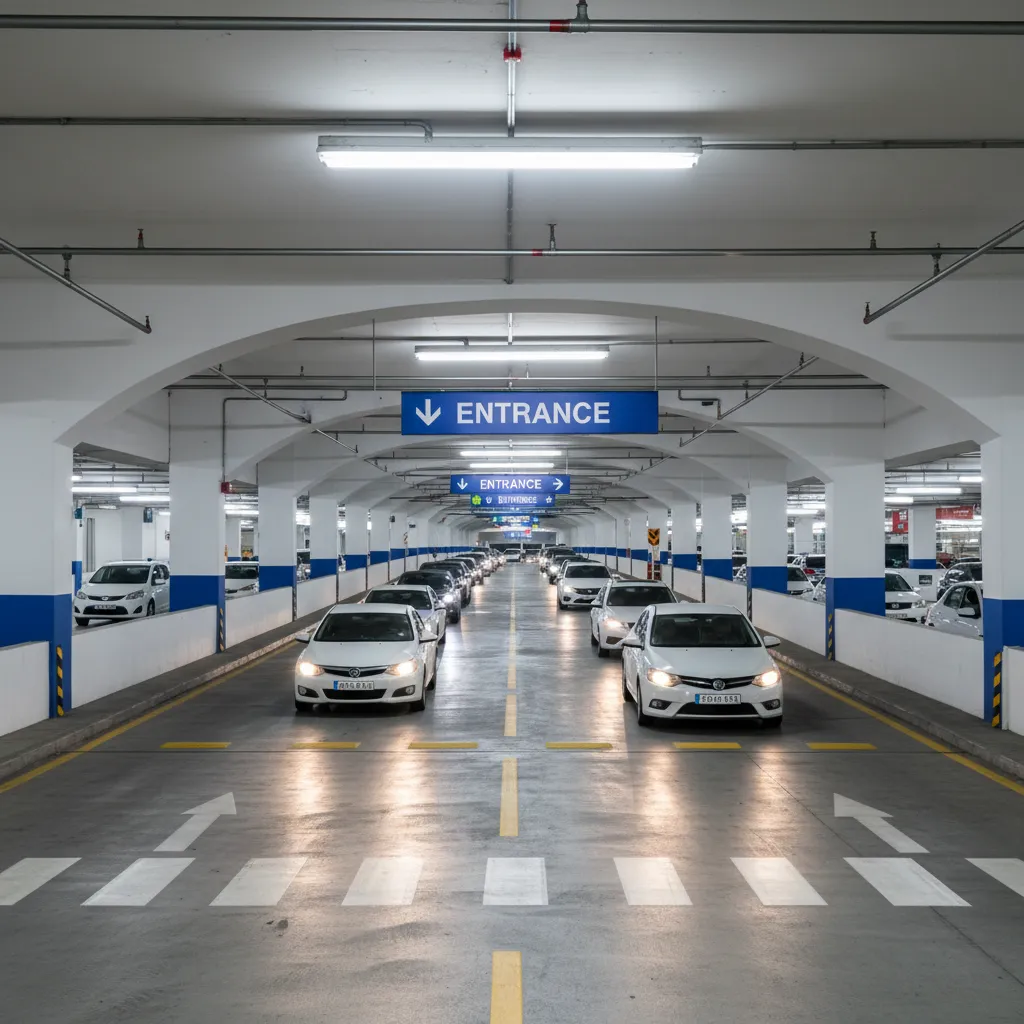 Large shopping mall underground parking ramp with high traffic capacity