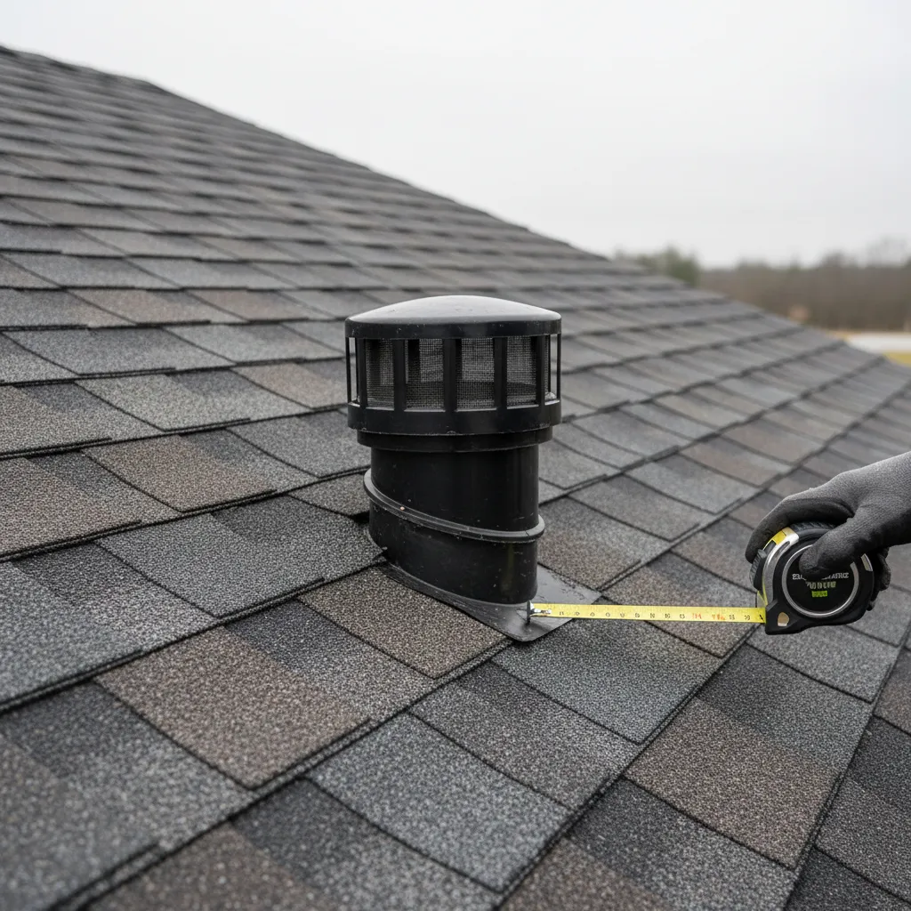 Short plumbing vent pipe barely above roofline demonstrating code risk