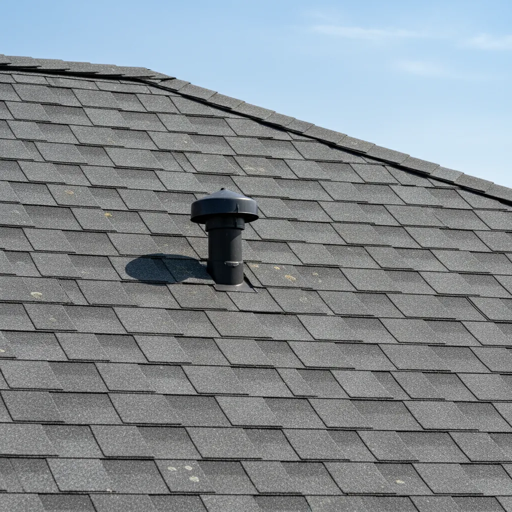 Short plumbing vent pipe barely above shingles illustrating potential odor problem