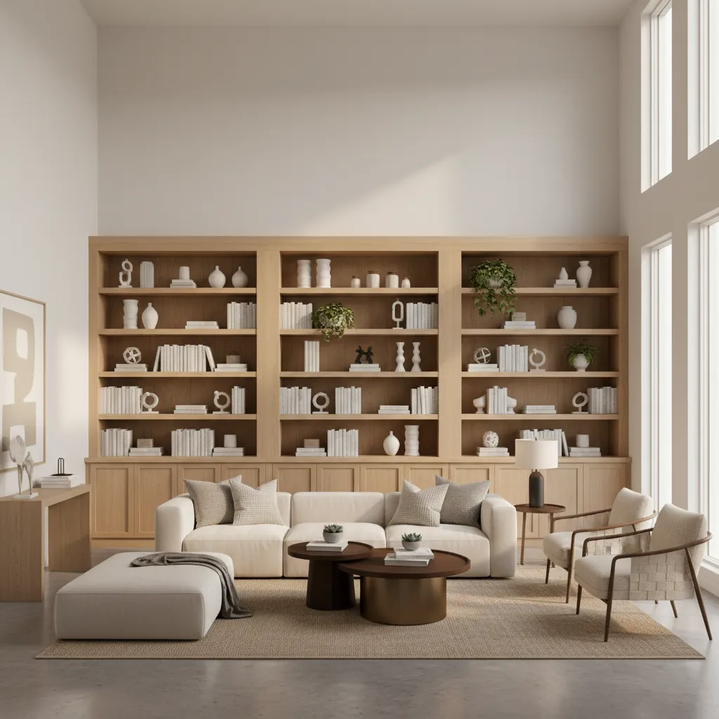 Model home living room wall with staged decorative bookshelf