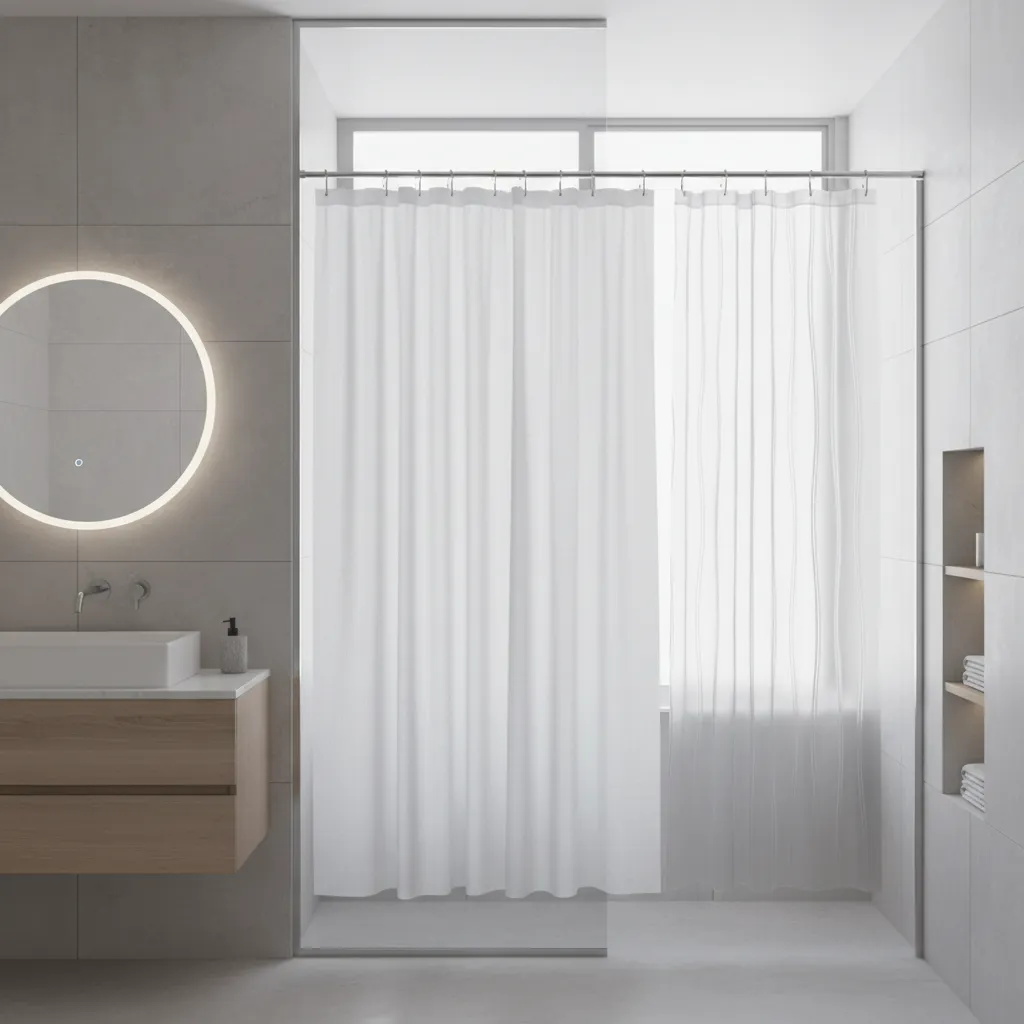 different shower curtain liner materials displayed in a bathroom setup