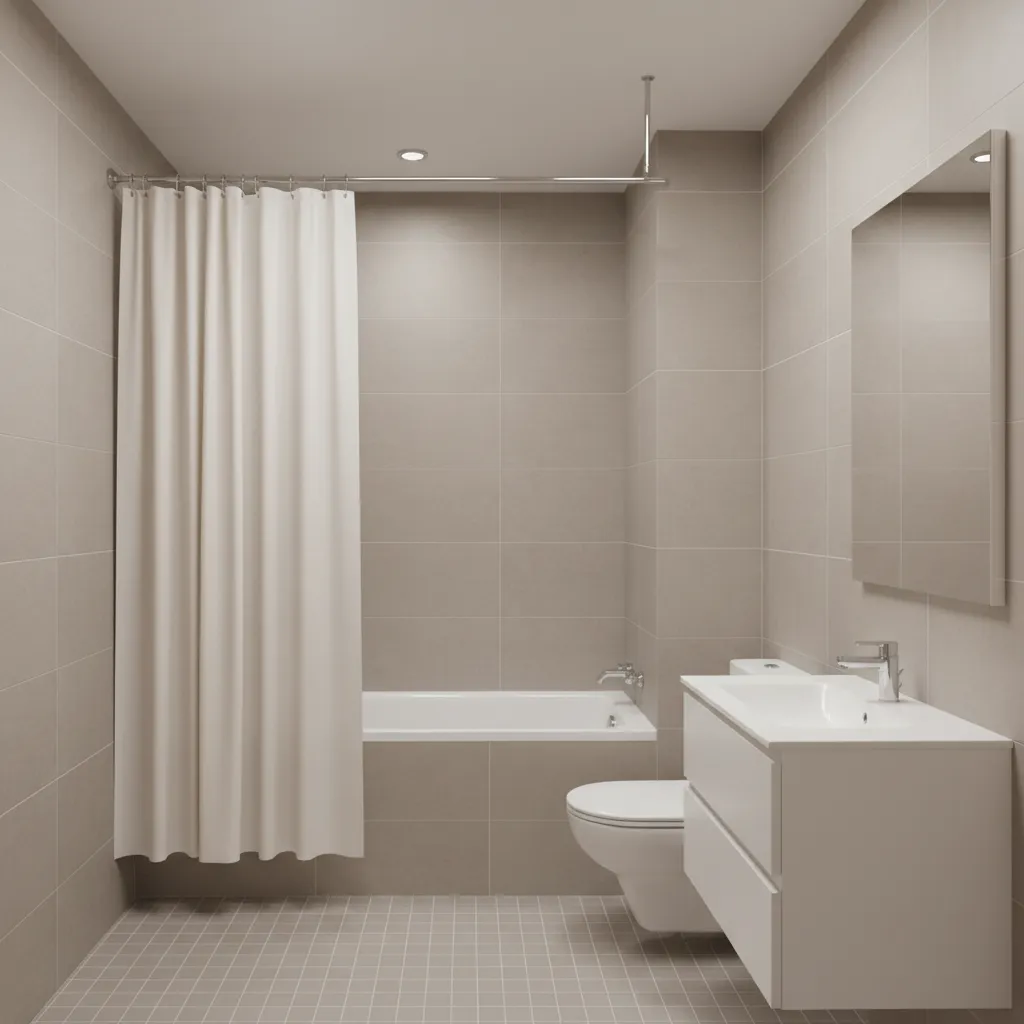 Diagram style interior showing optimal rod placement for small bathroom shower curtains