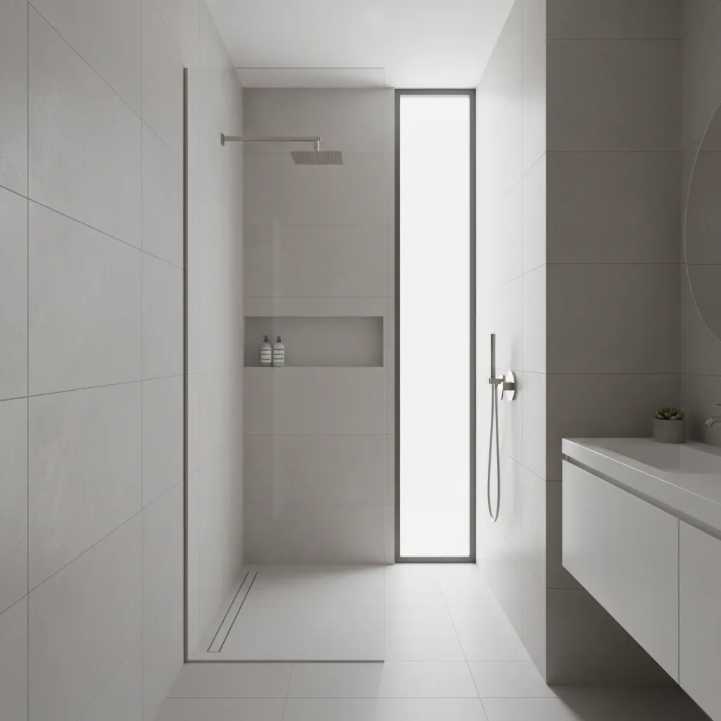 Linear shower drain placement in a narrow bathroom shower
