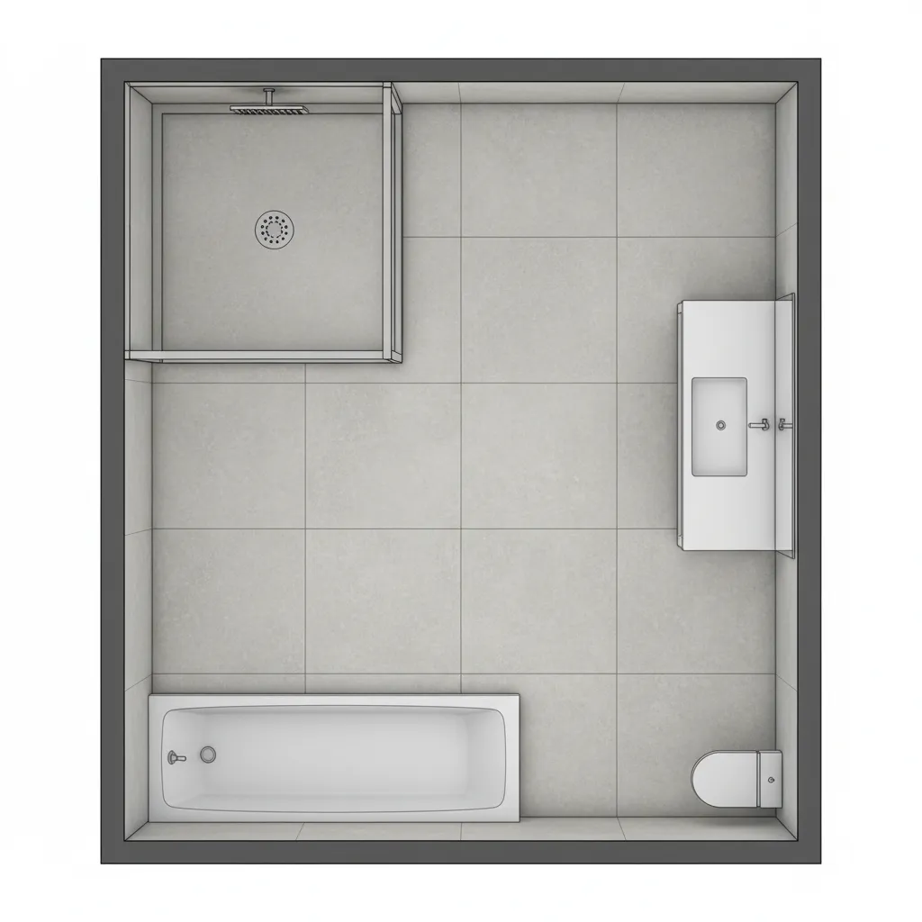Top view shower floor plan layout showing drain and movement space