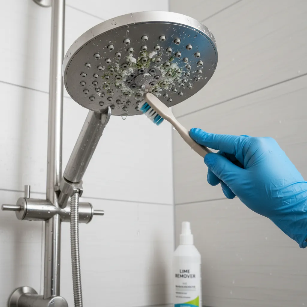 Shower head with mineral buildup being cleaned to fix low water pressure