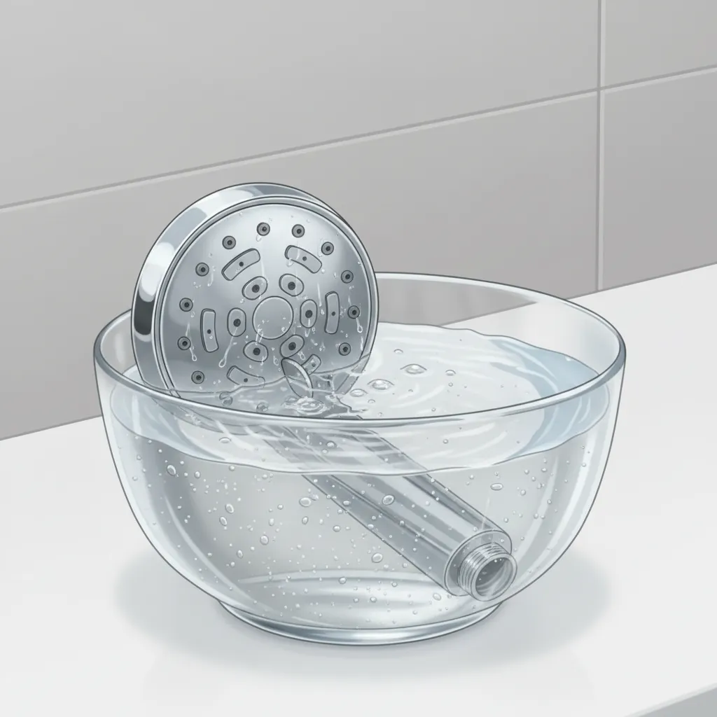 Shower head soaking in vinegar solution to remove mineral buildup