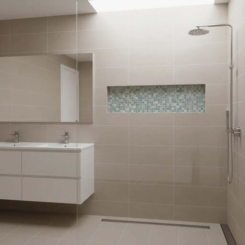 built-in shower niche with mosaic highlight tiles inside neutral tiled wall