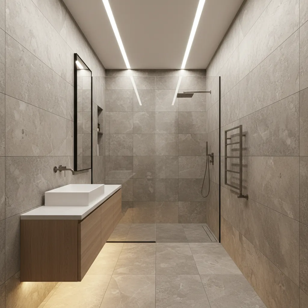 shower positioned at end wall of narrow bathroom