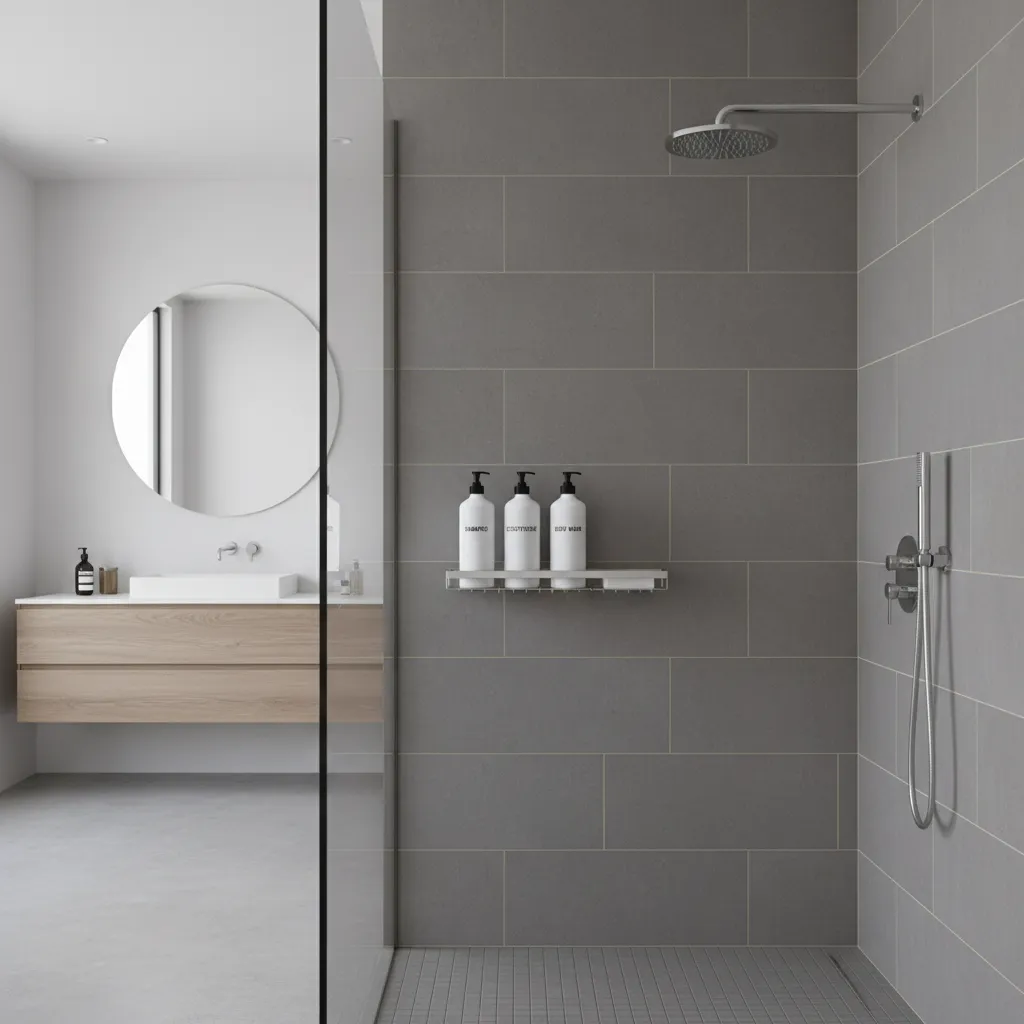 Stainless steel shower shelf properly installed on tiled shower wall