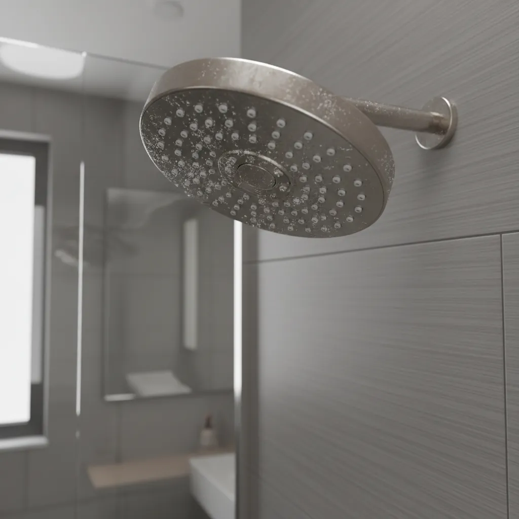 Bathroom showerhead with clogged nozzles causing low water pressure