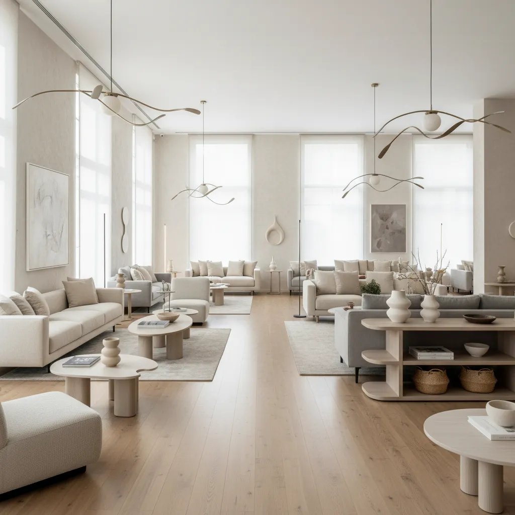 Showroom de interiorismo con sofás, lámparas y mesas de diseño