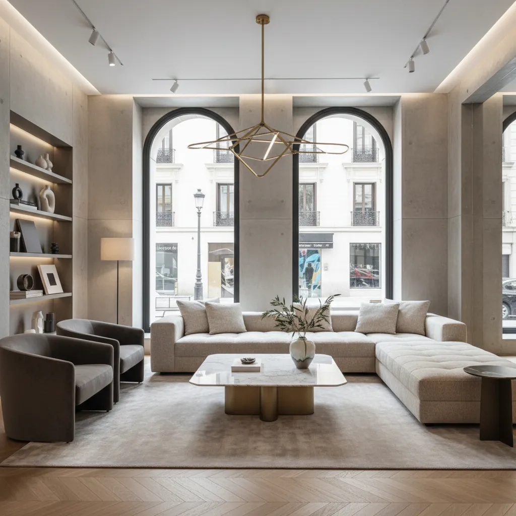Modern living room with arched windows, beige sofa, grey chairs, marble table and ceiling light