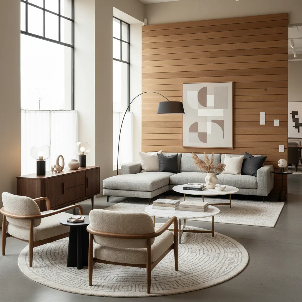 Interior de tienda de diseño con sofás, lámparas y decoración moderna