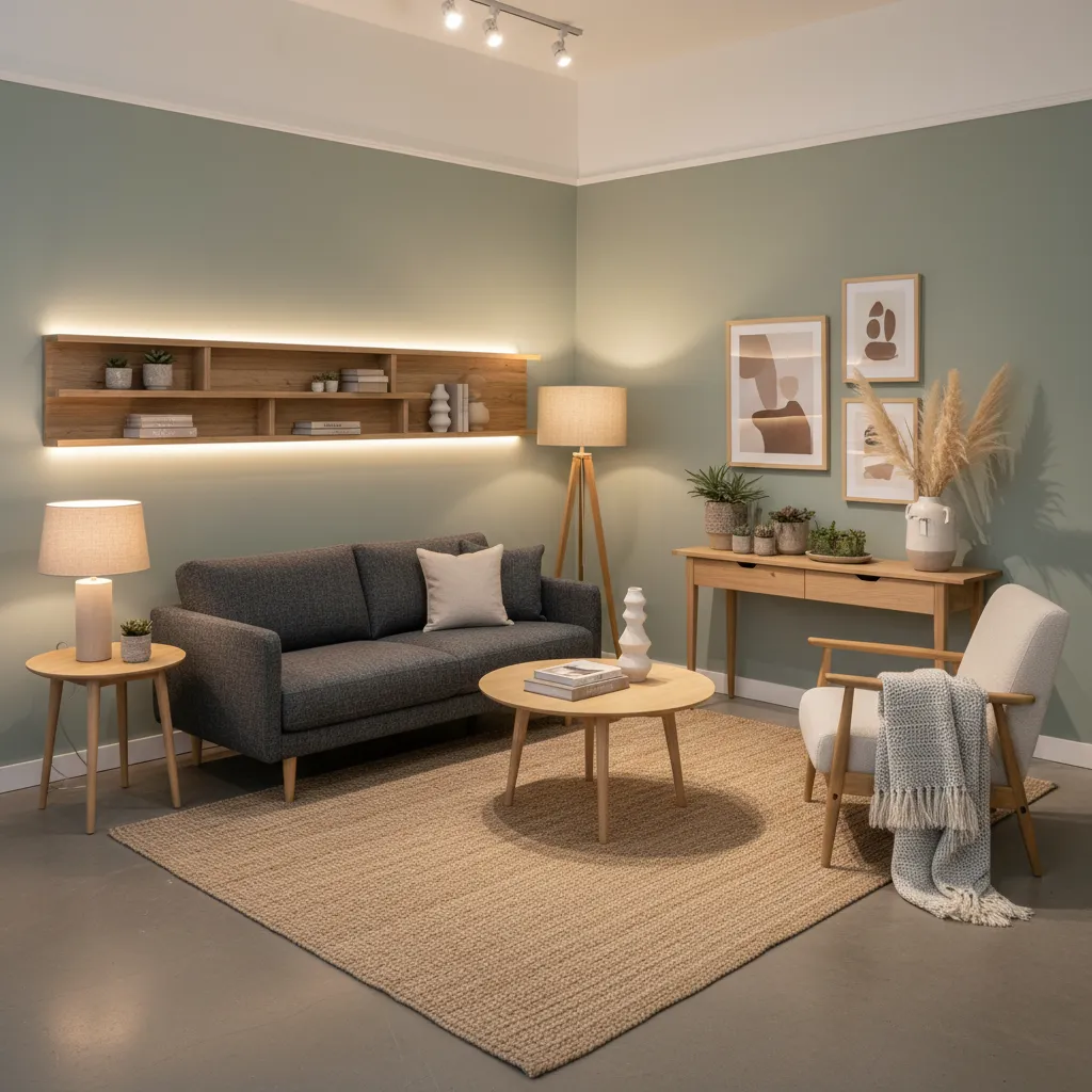 Pequeño showroom de diseño de interiores con ambiente bien organizado