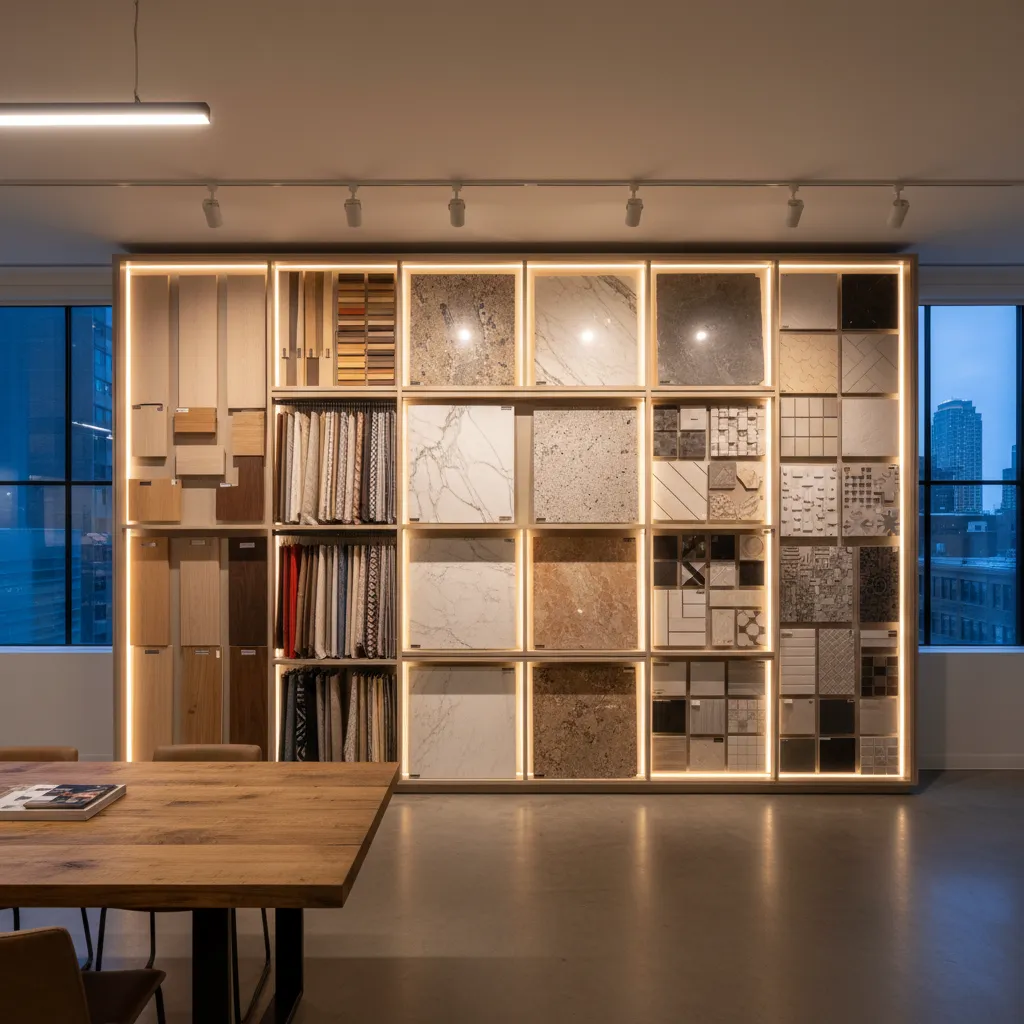 Zona de muestras de materiales en un showroom con paneles de madera, telas y acabados