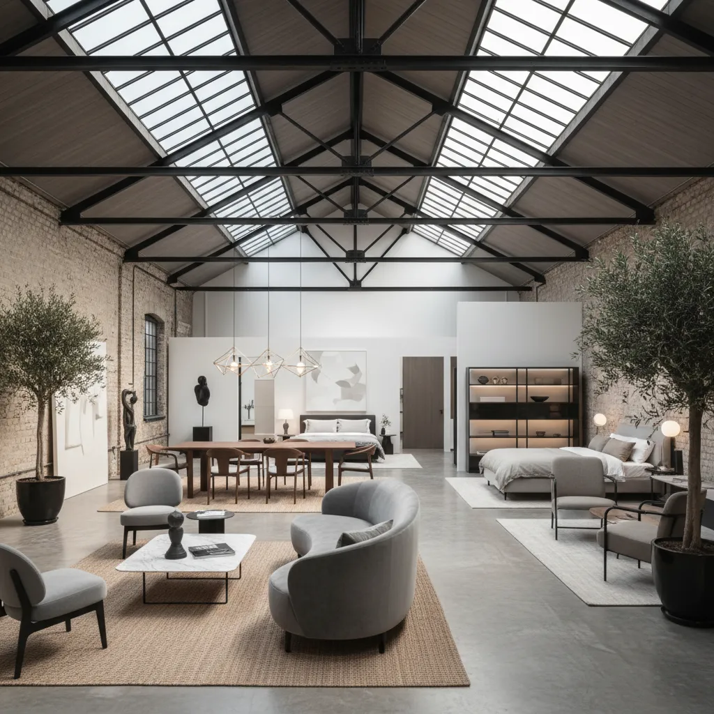 Showroom moderno instalado dentro de una nave industrial rehabilitada