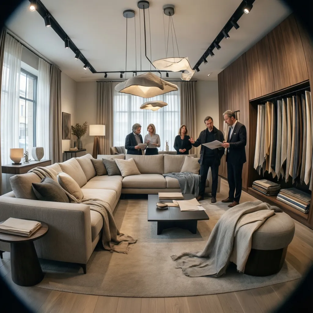 Showroom con muestras de muebles, telas y lámparas