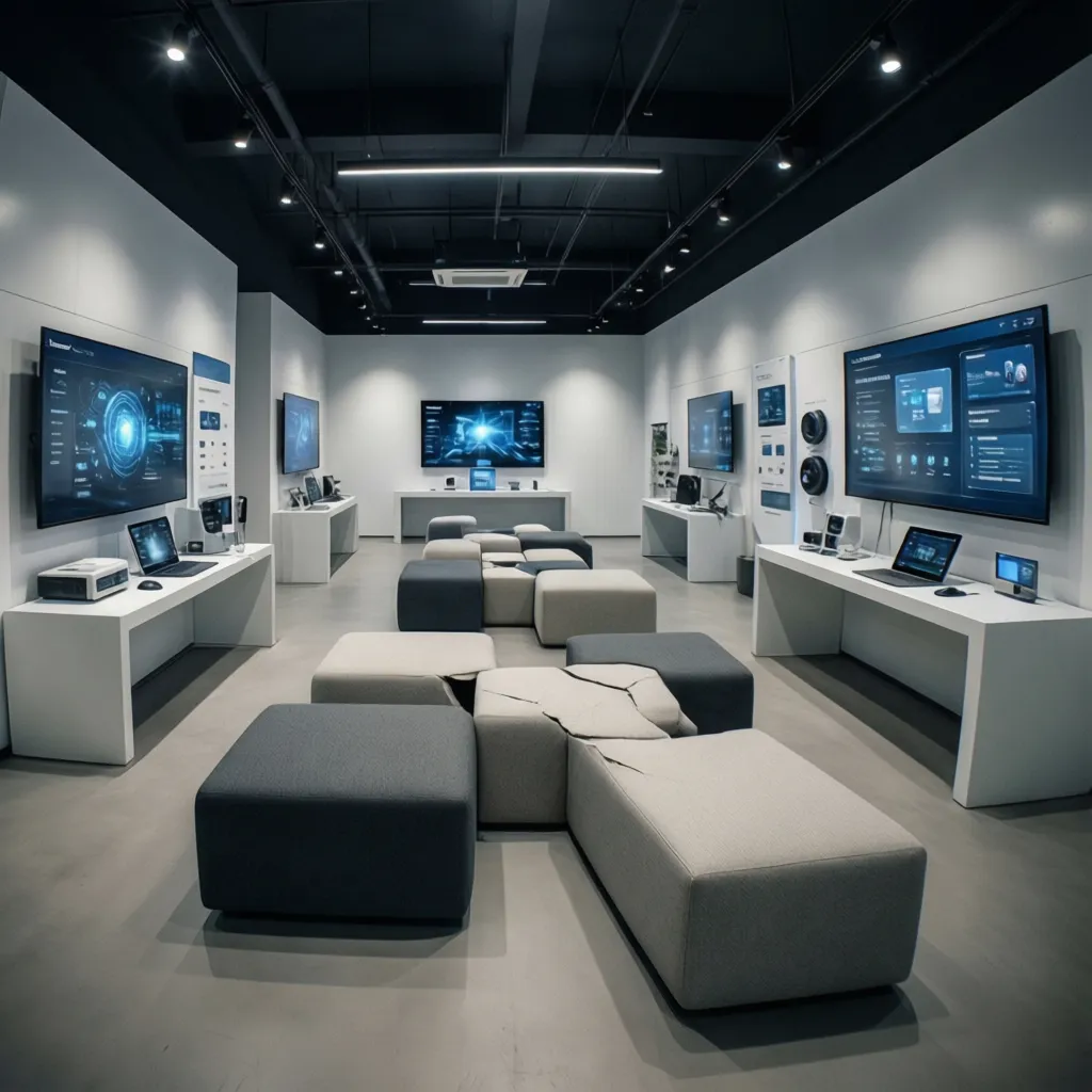 Pequeño showroom tecnológico con pantallas interactivas y mobiliario modular