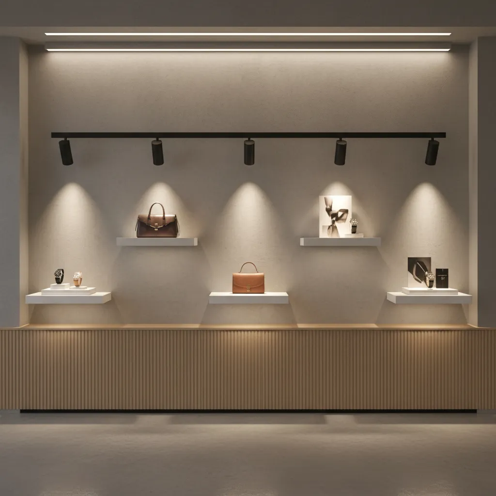 Retail showroom wall with layered lighting highlighting product displays