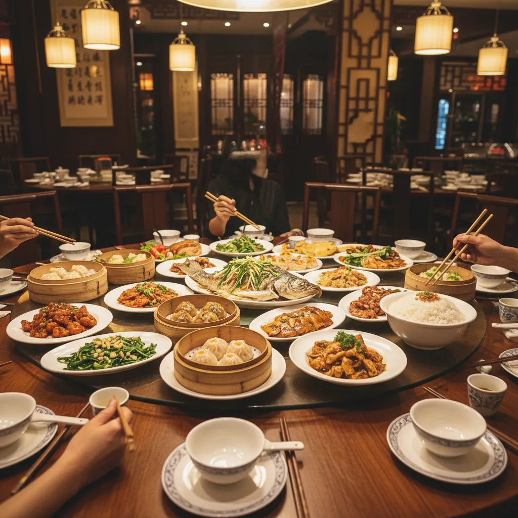 Family style Chinese dining with multiple shared dishes