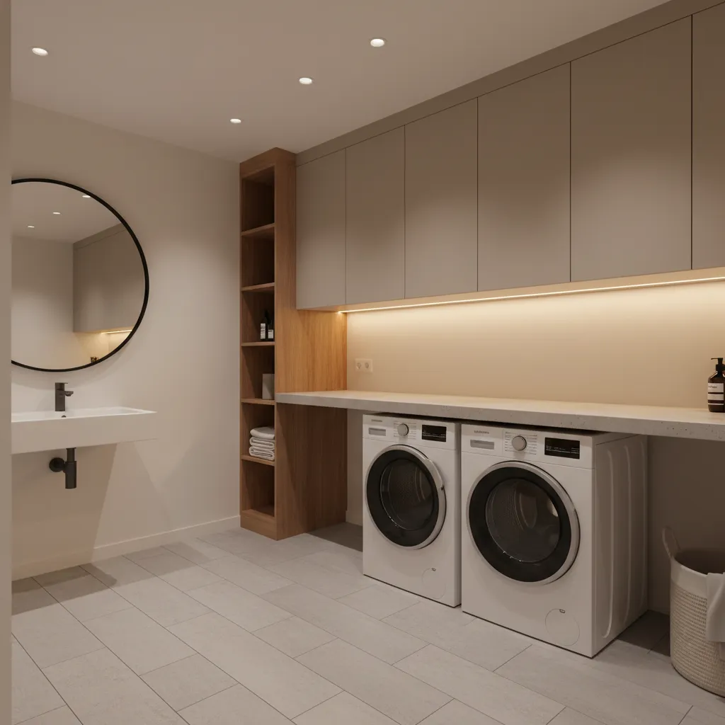 Bathroom with side by side washer and dryer under countertop storage