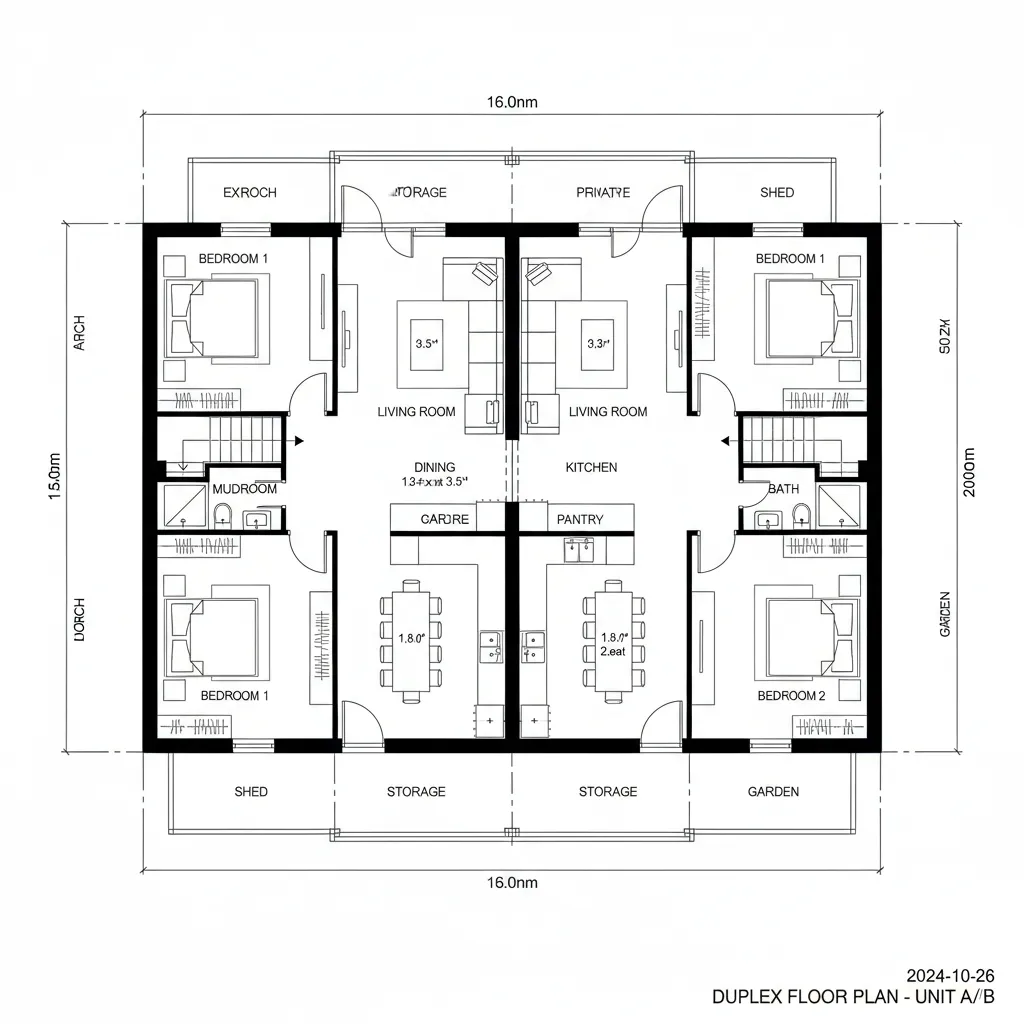 Symmetrical duplex floor plan including multiple bedrooms living rooms kitchens and outdoor garden and shed areas