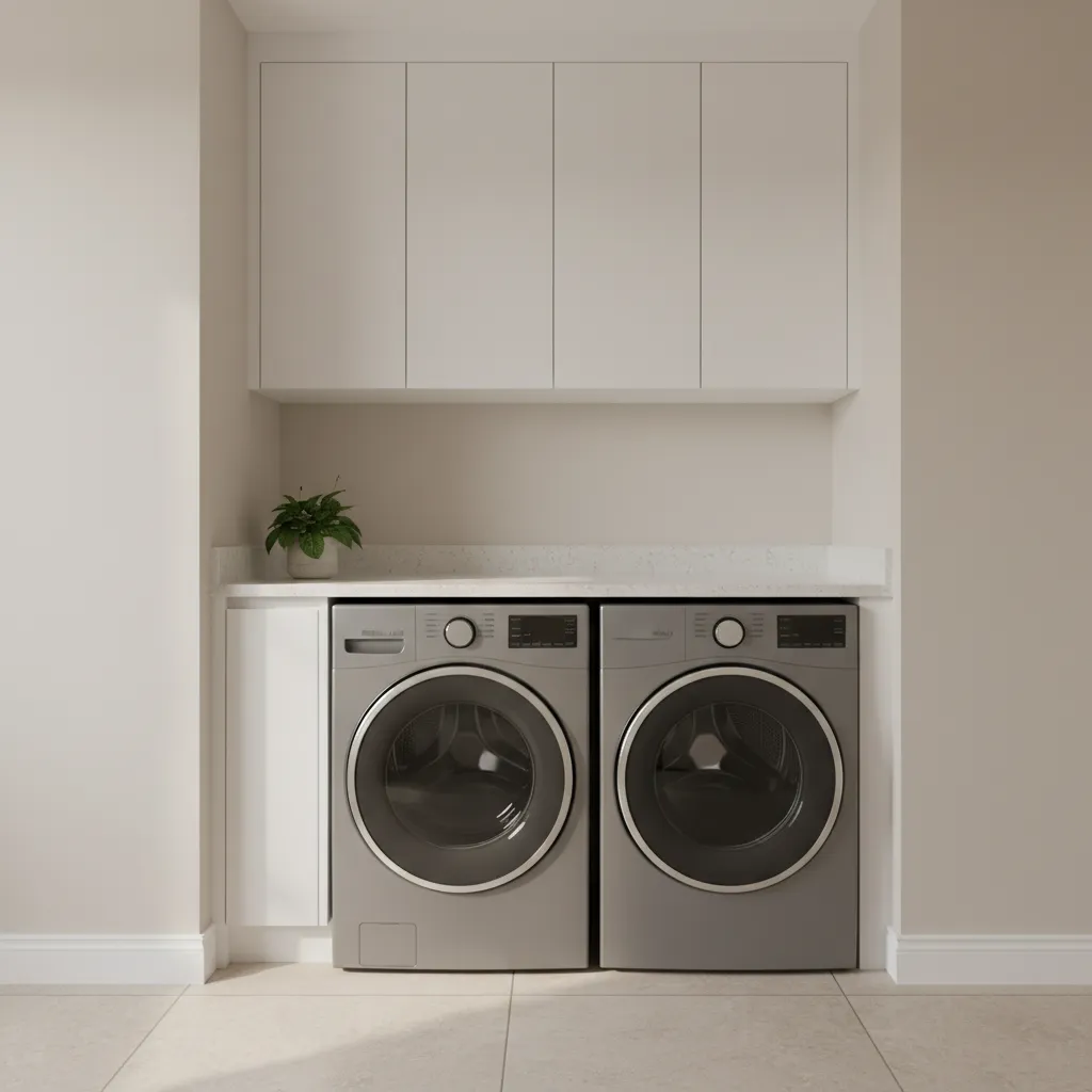 side by side washer and dryer with countertop in hallway laundry alcove