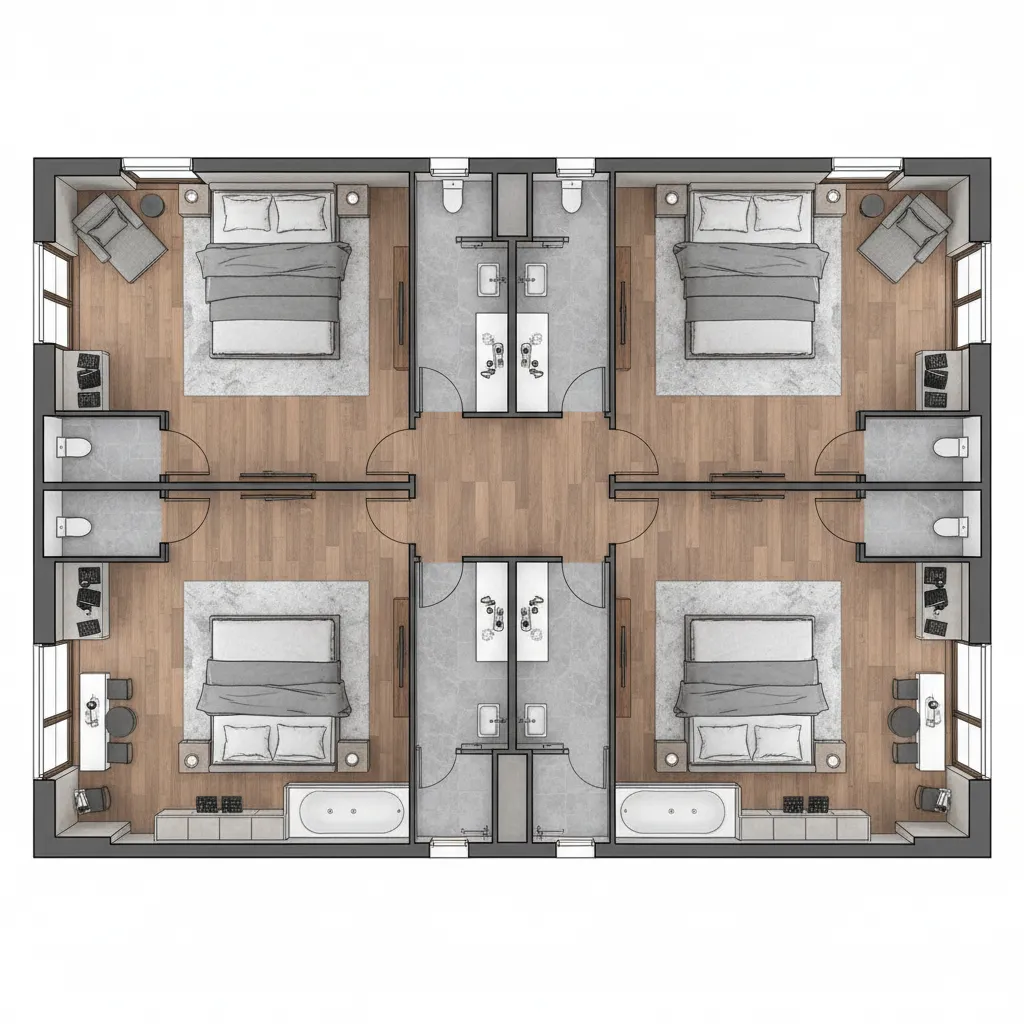 Side by side master bedroom layout with closets acting as sound buffer