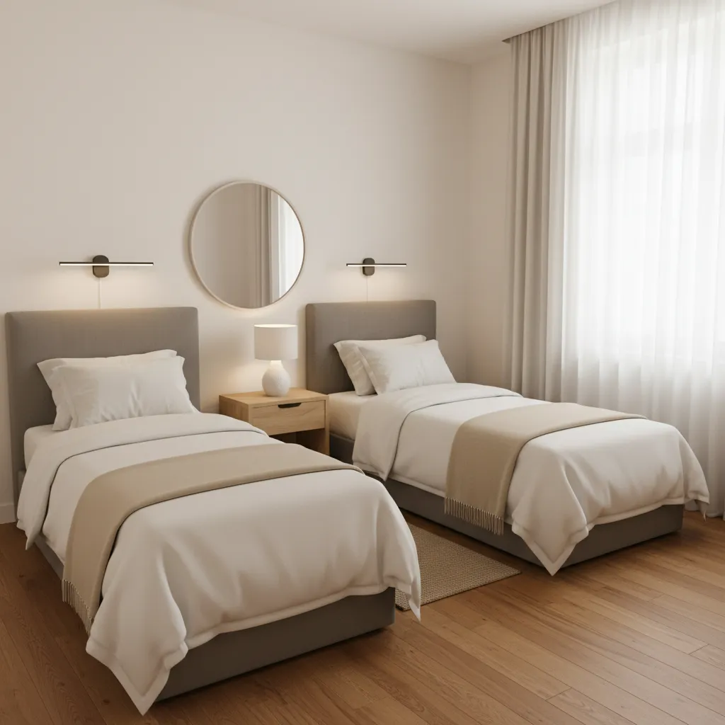 Side by side twin bed layout with shared nightstand
