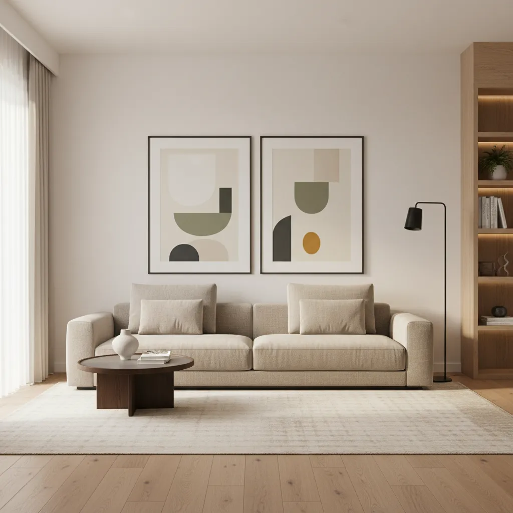 Two large framed artworks placed side by side above a modern sofa