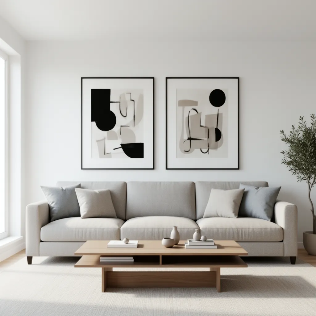 two large framed artworks hung side by side above a modern sofa