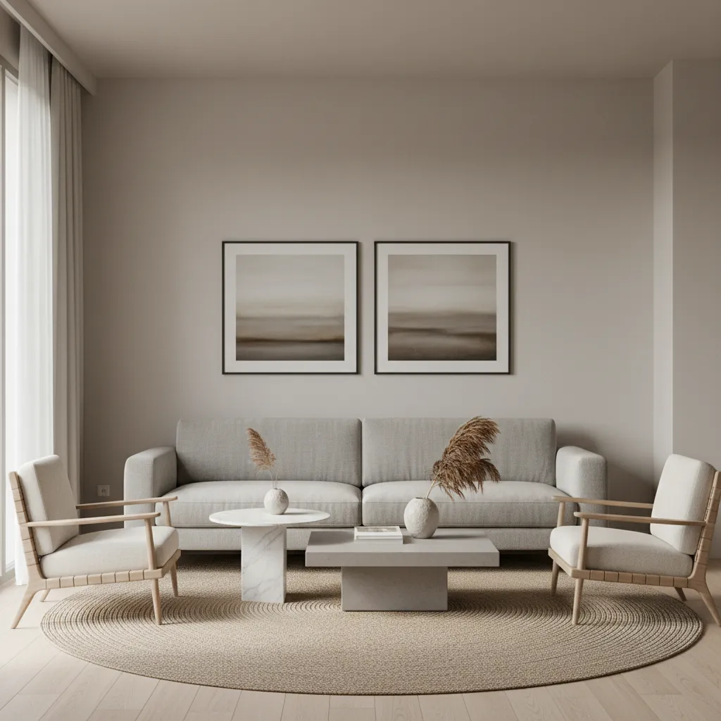 Two framed paintings hung side by side above a modern sofa