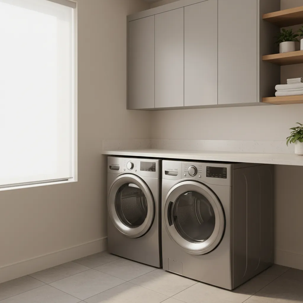 side by side washer dryer with folding countertop in narrow laundry room