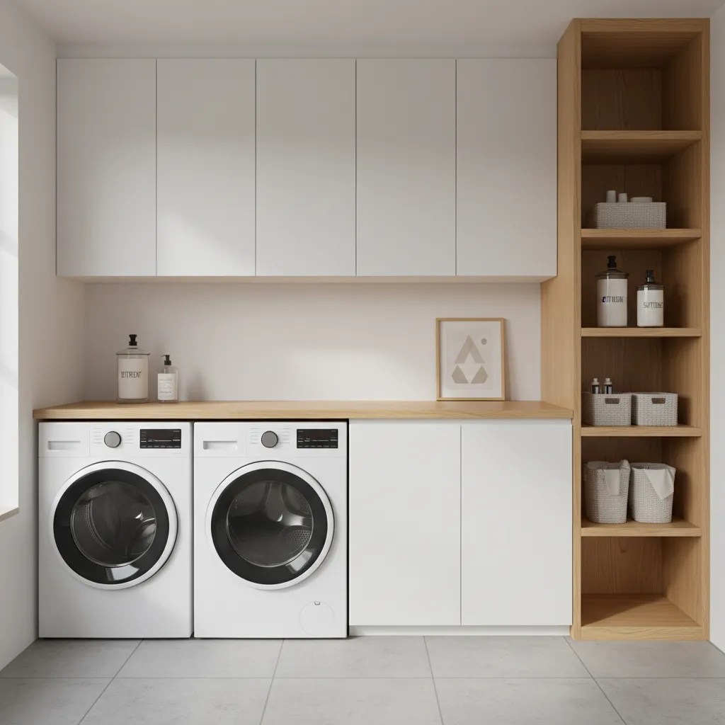 Side by side washer dryer with countertop and cabinets in small laundry room