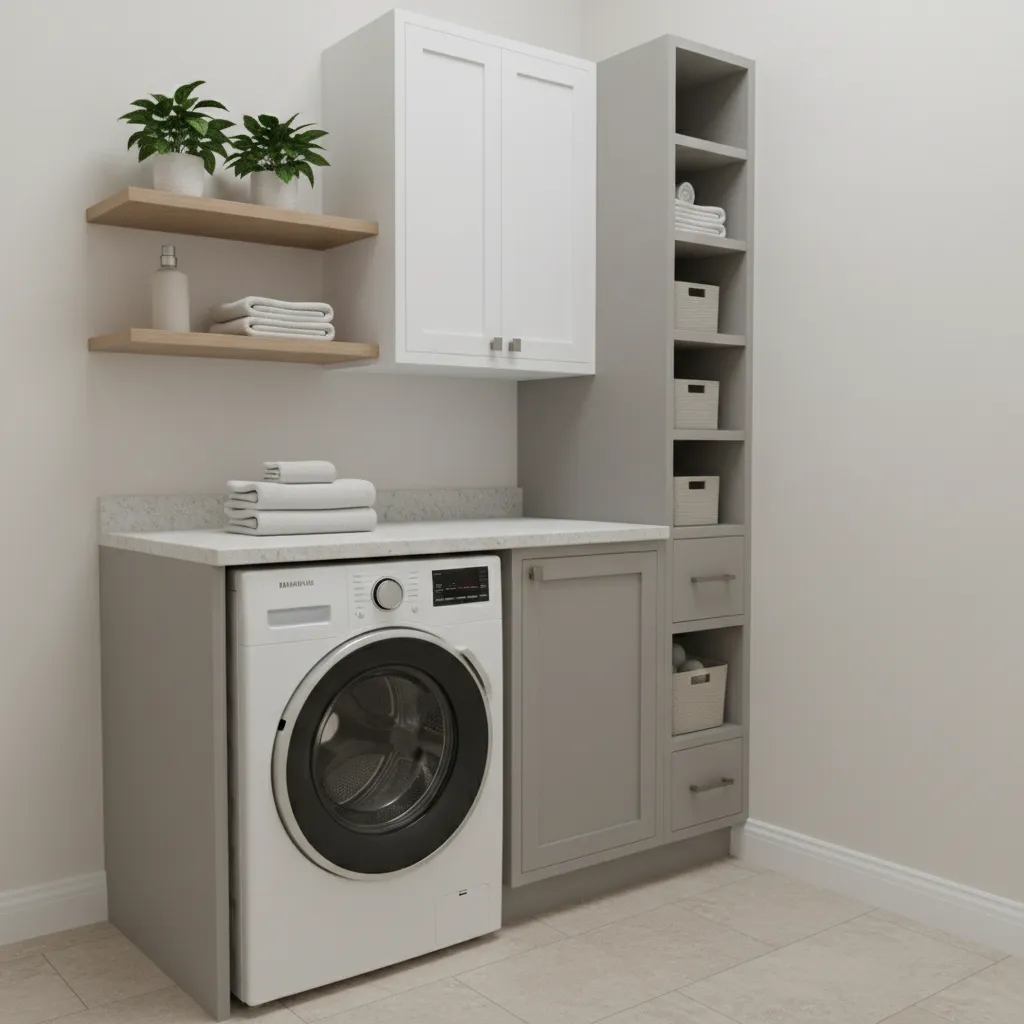 Laundry room with narrow side cabinet next to a top-loading washing machine