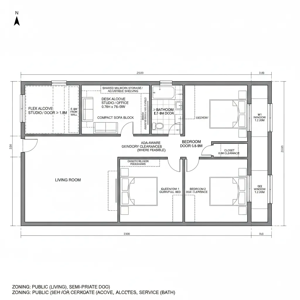 Long 2D floor plan including a large living room two bedrooms a bathroom and workspace