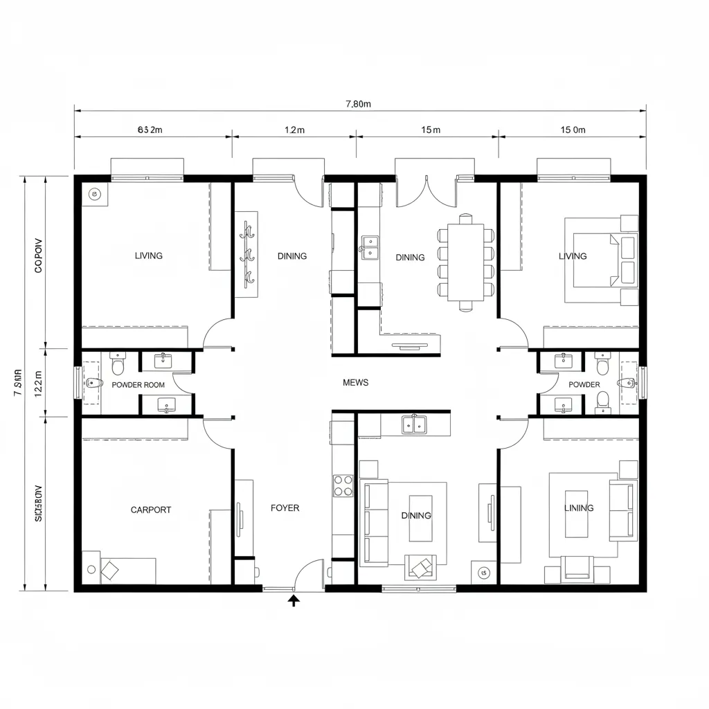 Top-down CAD plan with side court drive and central mews entry loop