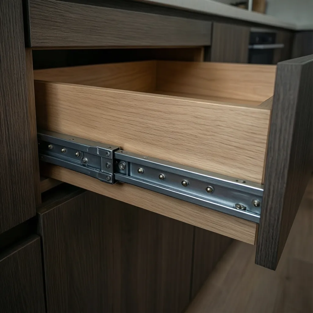 Close-up of kitchen drawer side glide slide mechanism