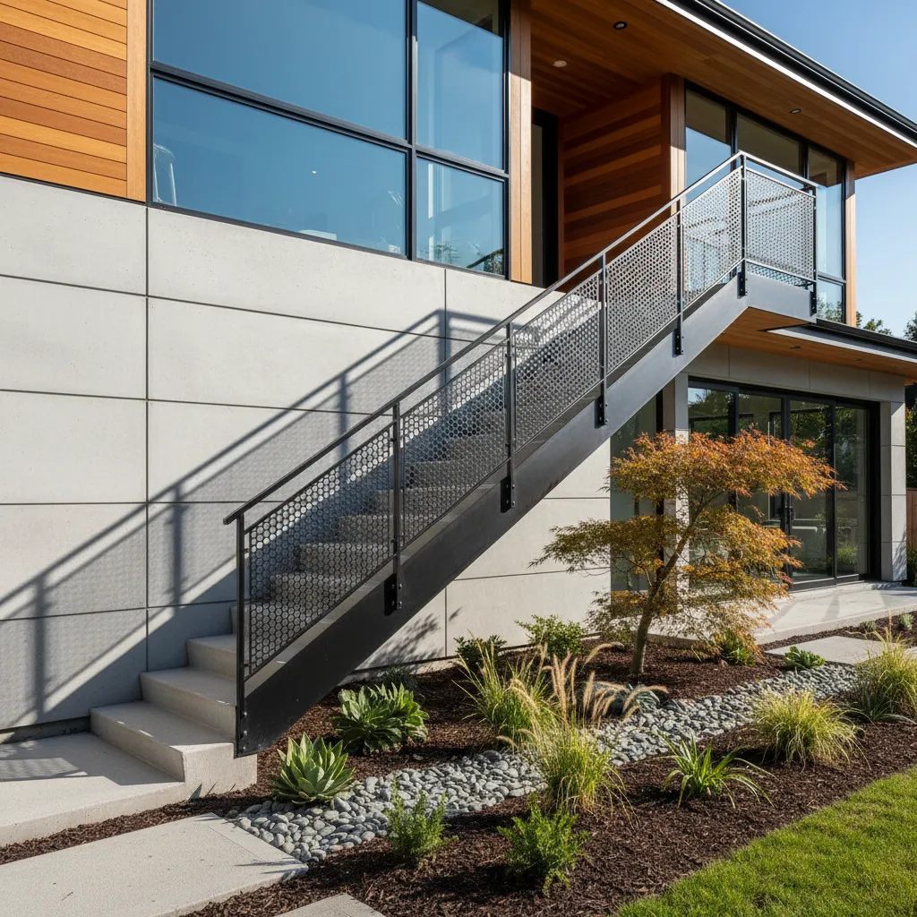Escalera exterior en forma de L ubicada en el lateral de una casa
