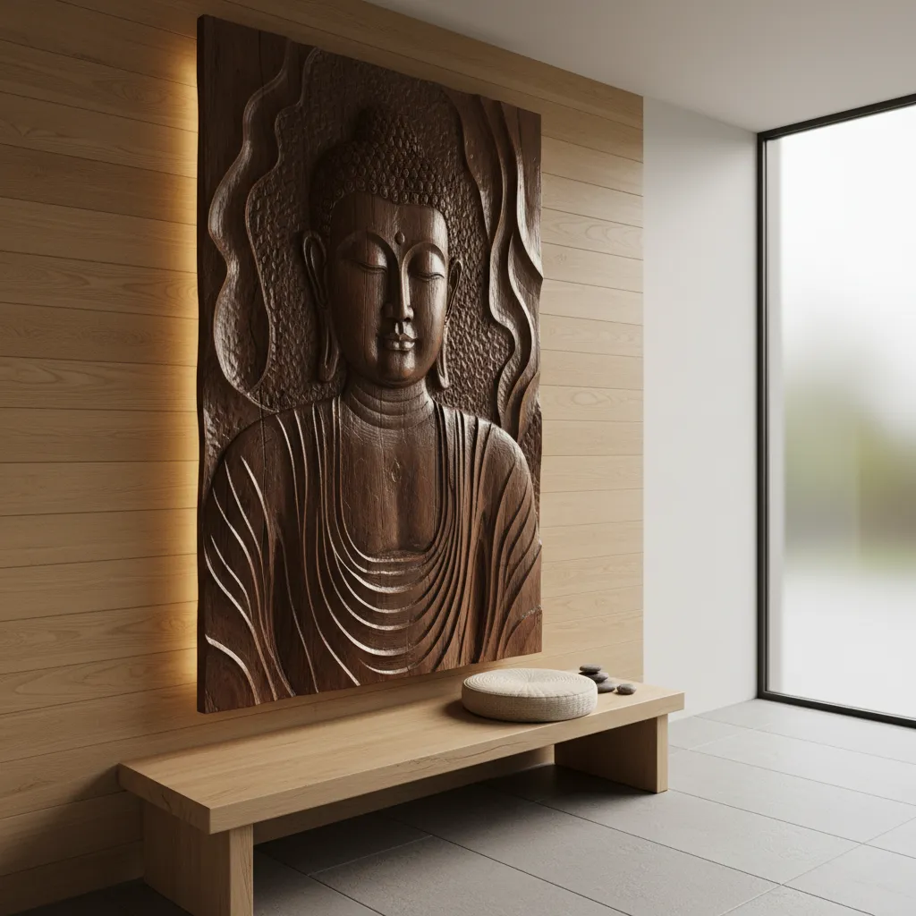 Side lighting revealing carved texture of wooden Buddha wall art