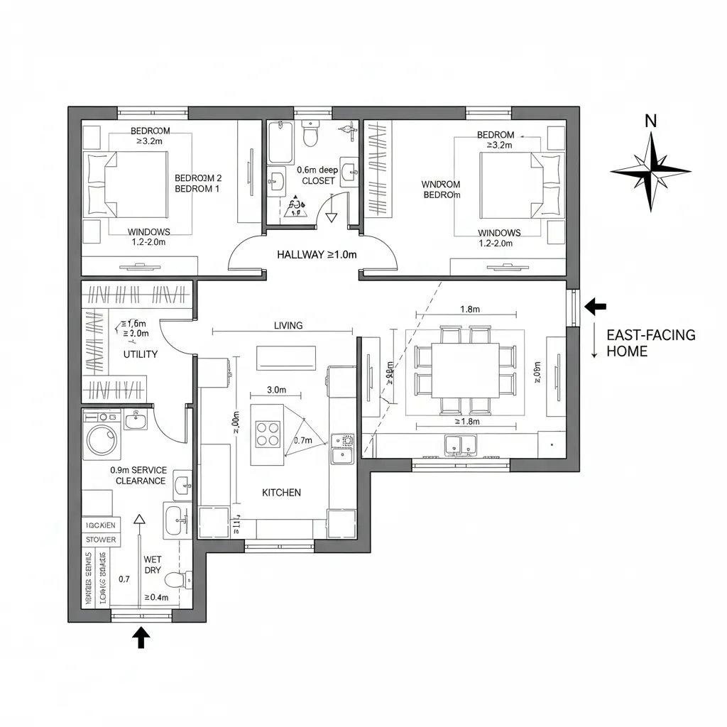 CAD plan showing south-west kitchen loop with utility and powder routing