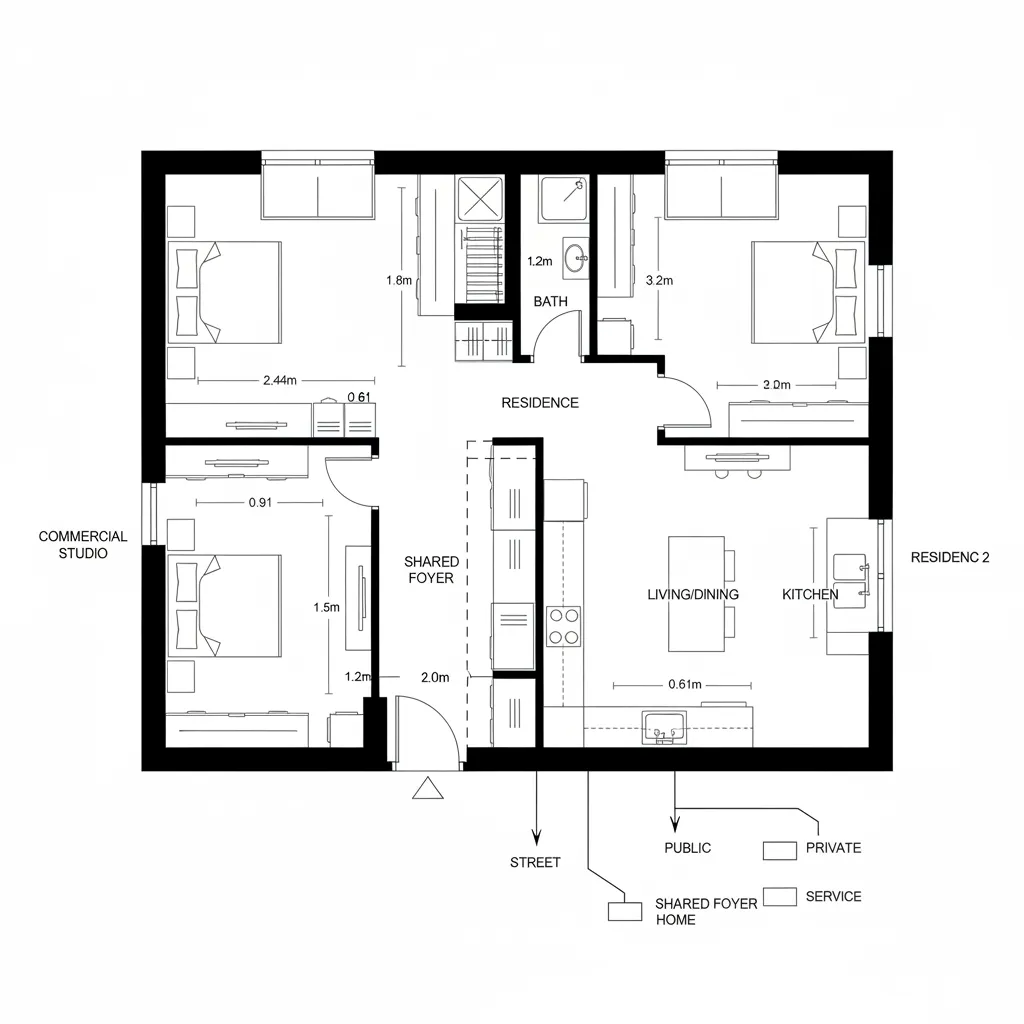 CAD plan with side-loaded studio and central shared foyer splitting flows to shop and home