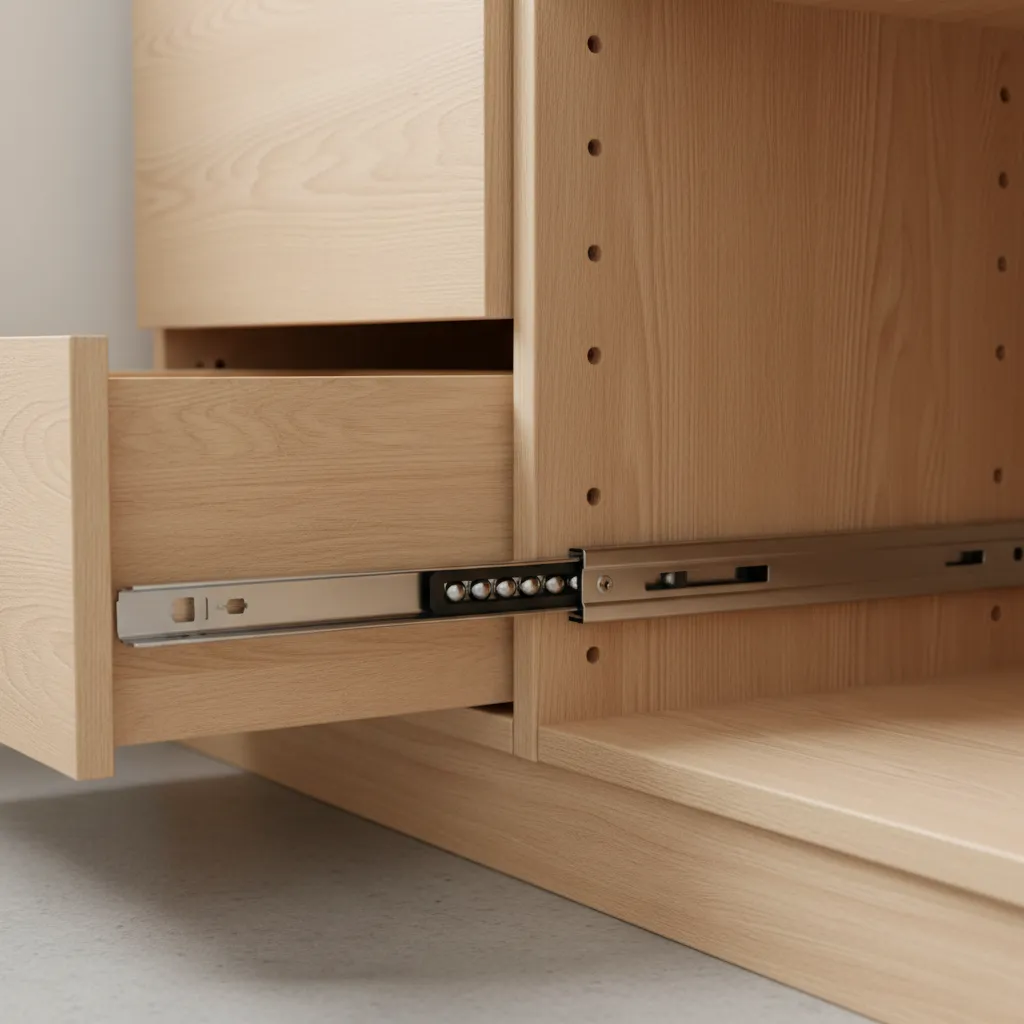 Close view of side mount drawer slide with release lever