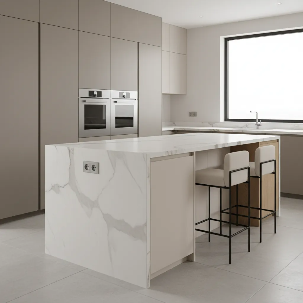 Electrical outlet installed on the side panel of a kitchen island under the countertop
