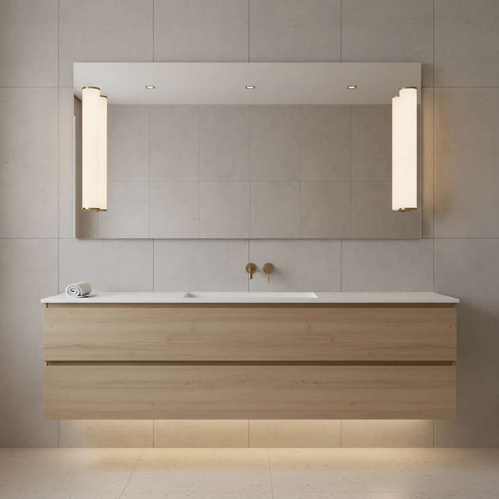 bathroom mirror with vertical side sconces providing even facial lighting