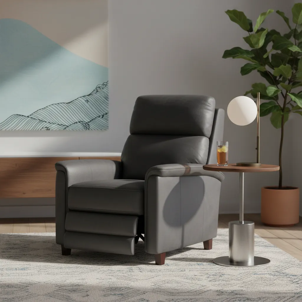 Side table positioned slightly behind a recliner armrest for easy reach