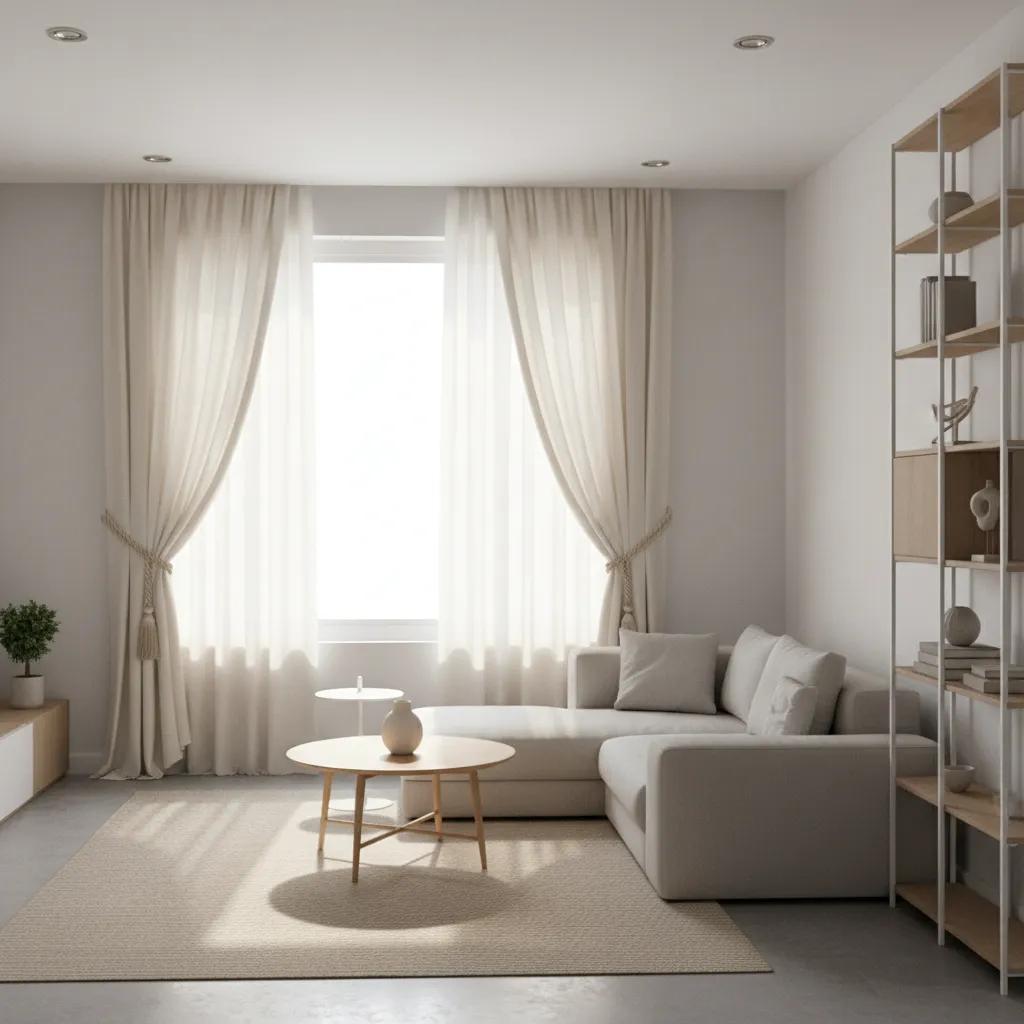 small living room window with curtains tied back to the sides allowing more daylight