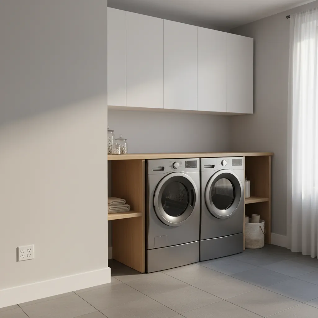 Laundry room outlet installed on side wall to prevent cable compression