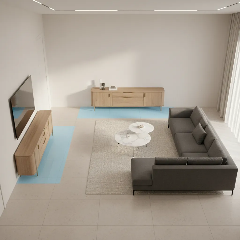 Living room layout showing walkway clearance around a narrow sideboard